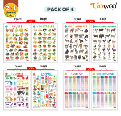 Set of 4 |  2 IN 1 COLOURS AND SHAPES, 2 IN 1 FRUITS AND VEGETABLES, 2 IN 1 WILD AND FARM ANIMALS & PETS and 2 IN 1 ADDITION AND SUBTRACTION Early Learning Educational Charts for Kids