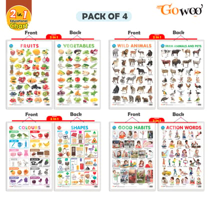 Set of 4 |  2 IN 1 COLOURS AND SHAPES, 2 IN 1 FRUITS AND VEGETABLES, 2 IN 1 WILD AND FARM ANIMALS & PETS and 2 IN 1 GOOD HABITS AND ACTION WORDS Early Learning Educational Charts for Kids