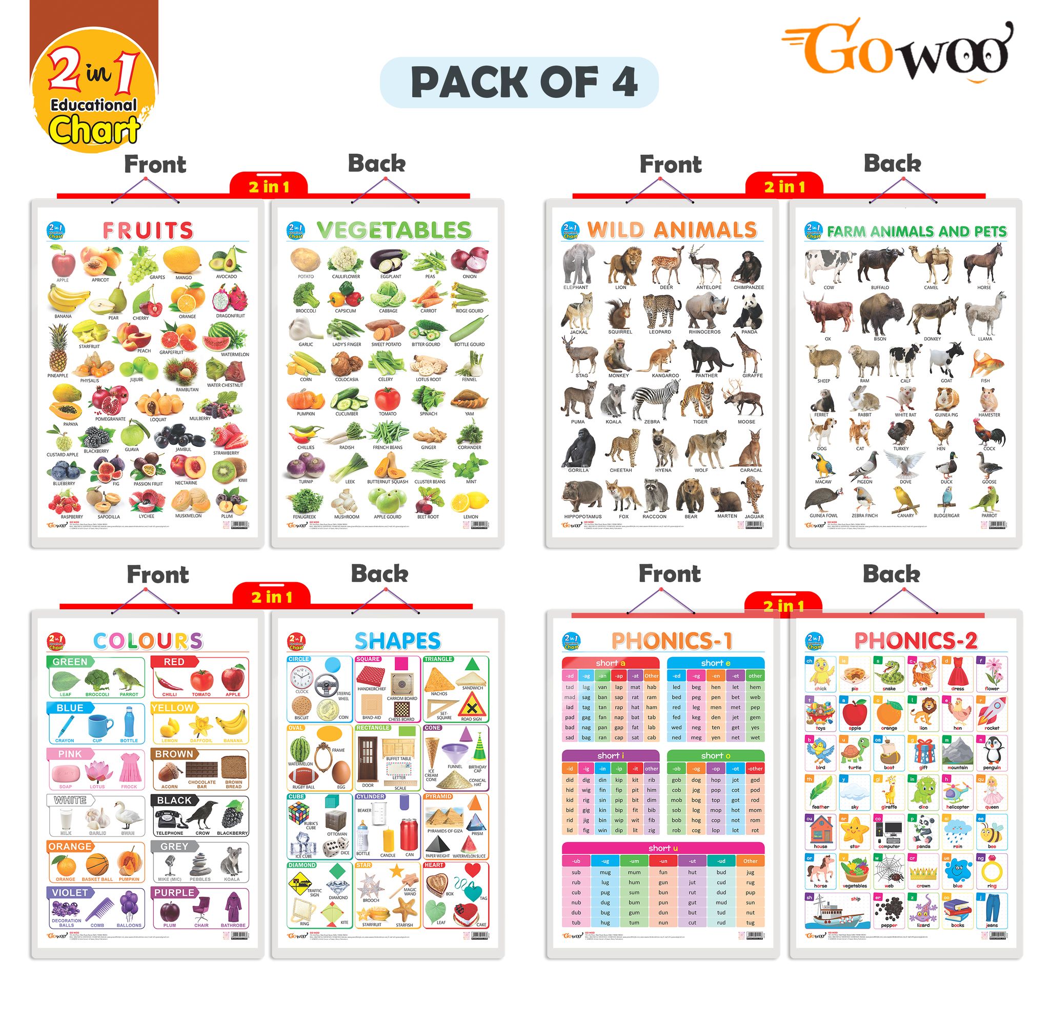 Set of 4 |  2 IN 1 COLOURS AND SHAPES, 2 IN 1 FRUITS AND VEGETABLES, 2 IN 1 WILD AND FARM ANIMALS & PETS and 2 IN 1 PHONICS 1 AND PHONICS 2 Early Learning Educational Charts for Kids