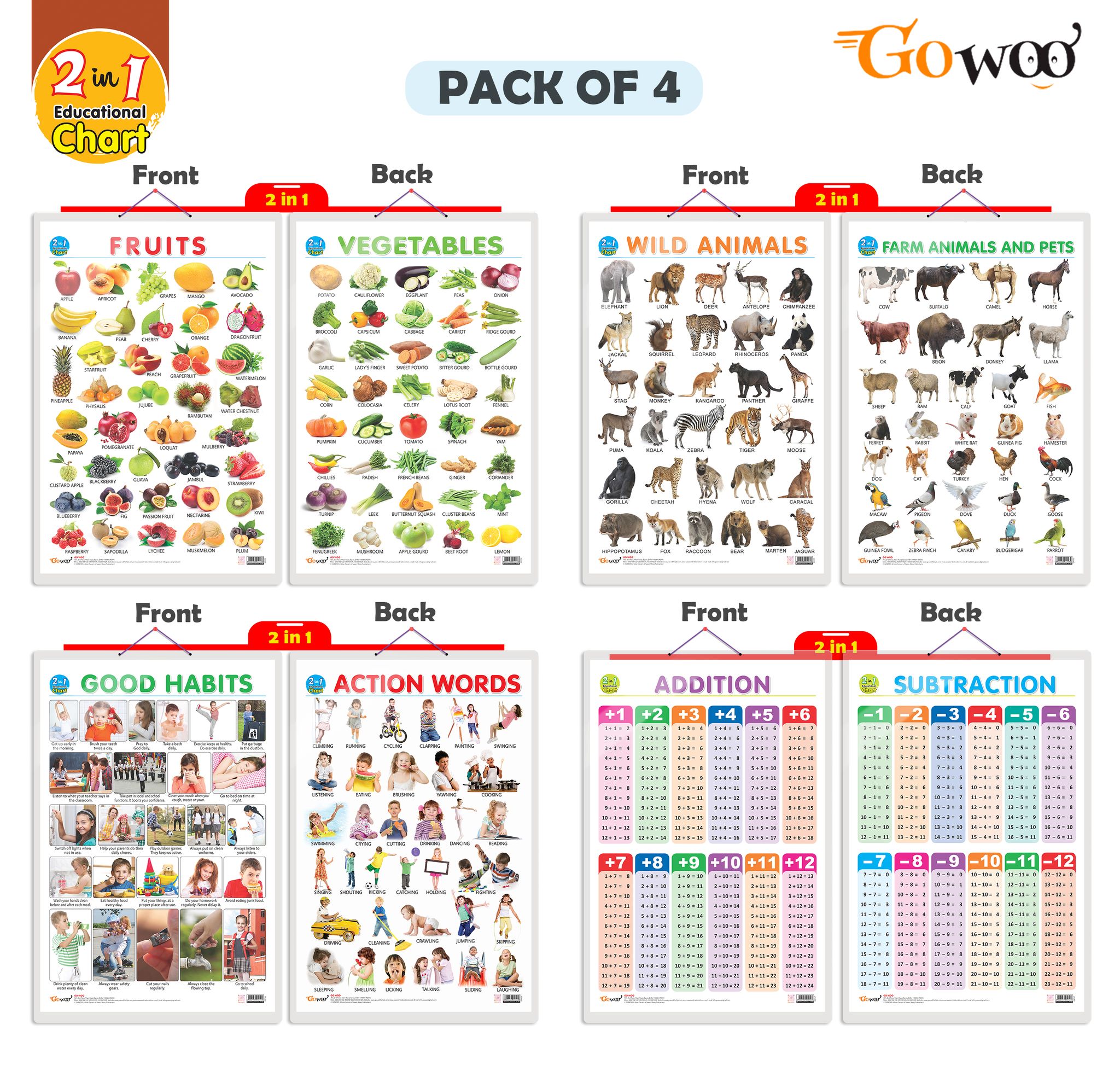 Set of 4 |  2 IN 1 FRUITS AND VEGETABLES, 2 IN 1 WILD AND FARM ANIMALS & PETS, 2 IN 1 GOOD HABITS AND ACTION WORDS and 2 IN 1 ADDITION AND SUBTRACTION Early Learning Educational Charts for Kids