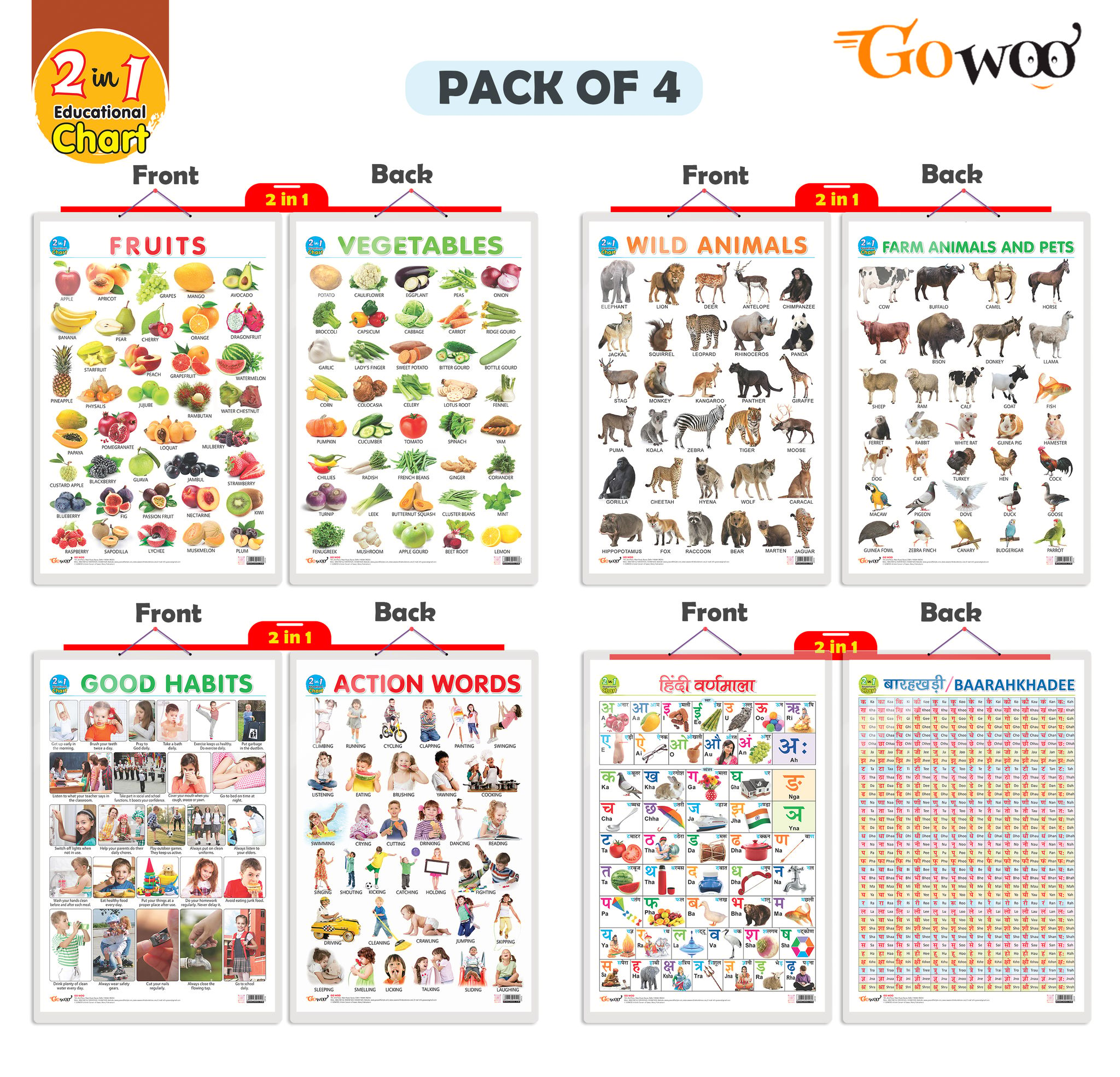 Set of 4 |  2 IN 1 FRUITS AND VEGETABLES, 2 IN 1 WILD AND FARM ANIMALS & PETS, 2 IN 1 GOOD HABITS AND ACTION WORDS and 2 IN 1 HINDI VARNMALA AND BAARAHKHADEE Early Learning Educational Charts for Kids