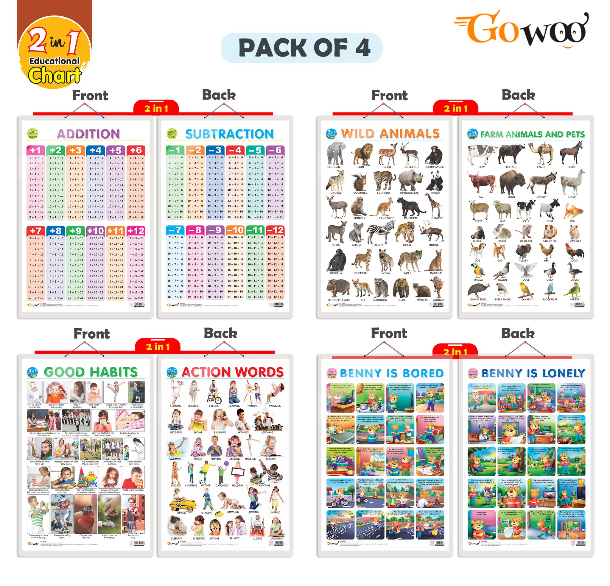 Set of 4 |  2 IN 1 WILD AND FARM ANIMALS & PETS, 2 IN 1 GOOD HABITS AND ACTION WORDS, 2 IN 1 ADDITION AND SUBTRACTION and 2 IN 1 BENNY IS BORED AND BENNY IS LONELY