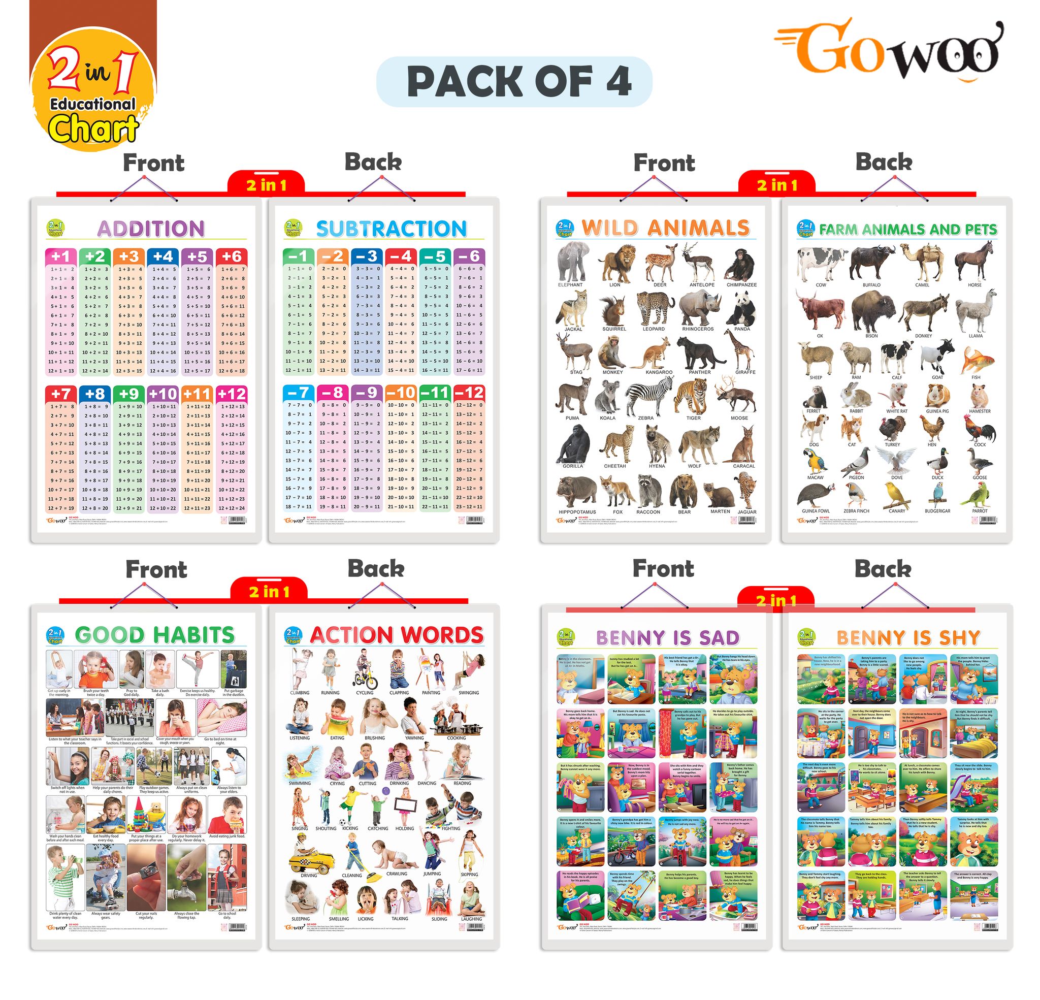 Set of 4 |  2 IN 1 WILD AND FARM ANIMALS & PETS, 2 IN 1 GOOD HABITS AND ACTION WORDS, 2 IN 1 ADDITION AND SUBTRACTION and 2 IN 1 BENNY IS SAD AND BENNY IS SHY