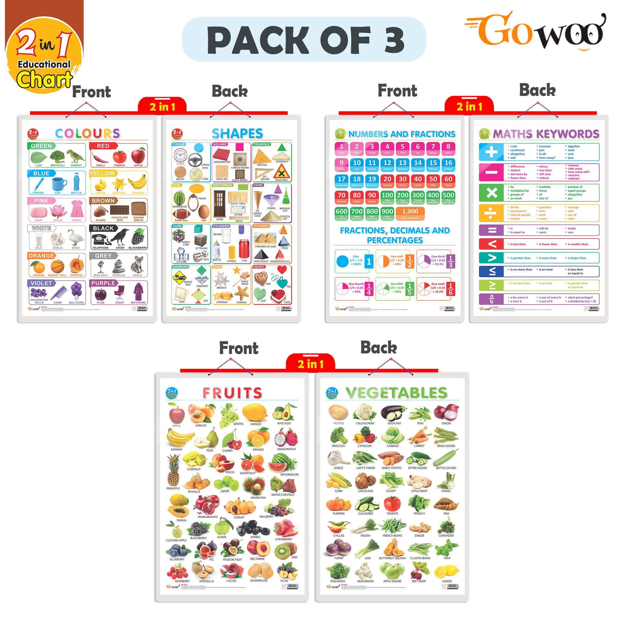 Set of 3 | 2 IN 1 NUMBER & FRACTIONS AND MATHS KEYWORDS, 2 IN 1 COLOURS AND SHAPES and 2 IN 1 FRUITS AND VEGETABLES Early Learning Educational Charts for Kids