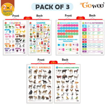 Set of 3 | 2 IN 1 NUMBER & FRACTIONS AND MATHS KEYWORDS, 2 IN 1 COLOURS AND SHAPES and 2 IN 1 WILD AND FARM ANIMALS & PETS Early Learning Educational Charts for Kids