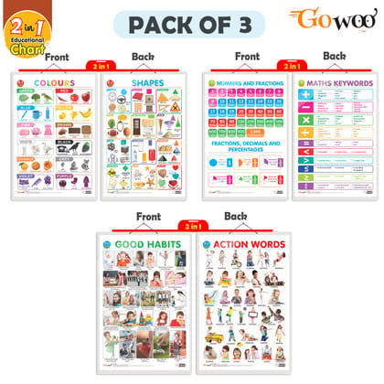 Set of 3 | 2 IN 1 NUMBER & FRACTIONS AND MATHS KEYWORDS, 2 IN 1 COLOURS AND SHAPES and 2 IN 1 GOOD HABITS AND ACTION WORDS Early Learning Educational Charts for Kids