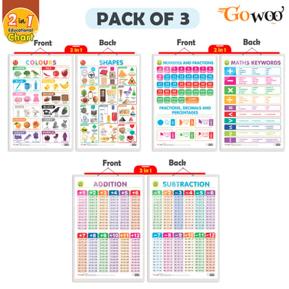 Set of 3 | 2 IN 1 NUMBER & FRACTIONS AND MATHS KEYWORDS, 2 IN 1 COLOURS AND SHAPES and2 IN 1 ADDITION AND SUBTRACTION Early Learning Educational Charts for Kids