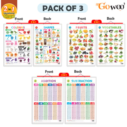 Set of 3 |2 IN 1 COLOURS AND SHAPES, 2 IN 1 FRUITS AND VEGETABLES and 2 IN 1 ADDITION AND SUBTRACTION Early Learning Educational Charts for Kids