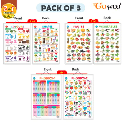 Set of 3 |2 IN 1 COLOURS AND SHAPES, 2 IN 1 FRUITS AND VEGETABLES and 2 IN 1 PHONICS 1 AND PHONICS 2 Early Learning Educational Charts for Kids