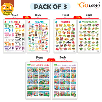 Set of 3 |2 IN 1 COLOURS AND SHAPES, 2 IN 1 FRUITS AND VEGETABLES2 IN 1 BENNY LEARNS TO RECYCLE AND BENNY TEACHES TO SAVE WATER Early Learning Educational Charts for Kids