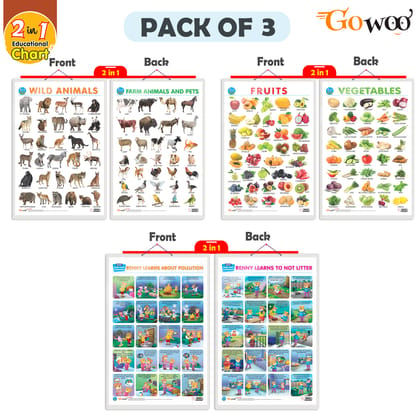 Set of 3 |2 IN 1 FRUITS AND VEGETABLES, 2 IN 1 WILD AND FARM ANIMALS & PETS and 2 IN 1 BENNY LEARNS ABOUT POLLUTION AND BENNY LEARNS NOT TO LITTER  Early Learning Educational Charts for Kids