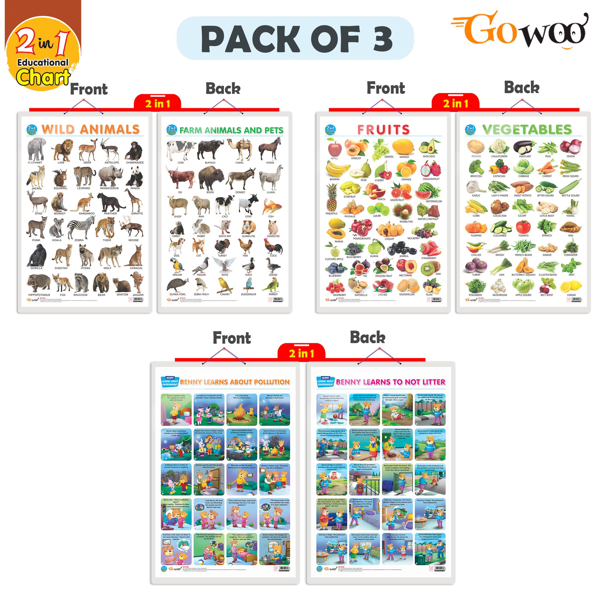 Set of 3 |2 IN 1 FRUITS AND VEGETABLES, 2 IN 1 WILD AND FARM ANIMALS & PETS and 2 IN 1 BENNY LEARNS ABOUT POLLUTION AND BENNY LEARNS NOT TO LITTER  Early Learning Educational Charts for Kids