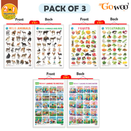 Set of 3 |2 IN 1 FRUITS AND VEGETABLES, 2 IN 1 WILD AND FARM ANIMALS & PETS and 2 IN 1 BENNY LEARNS TO RECYCLE AND BENNY TEACHES TO SAVE WATER Early Learning Educational Charts for Kids