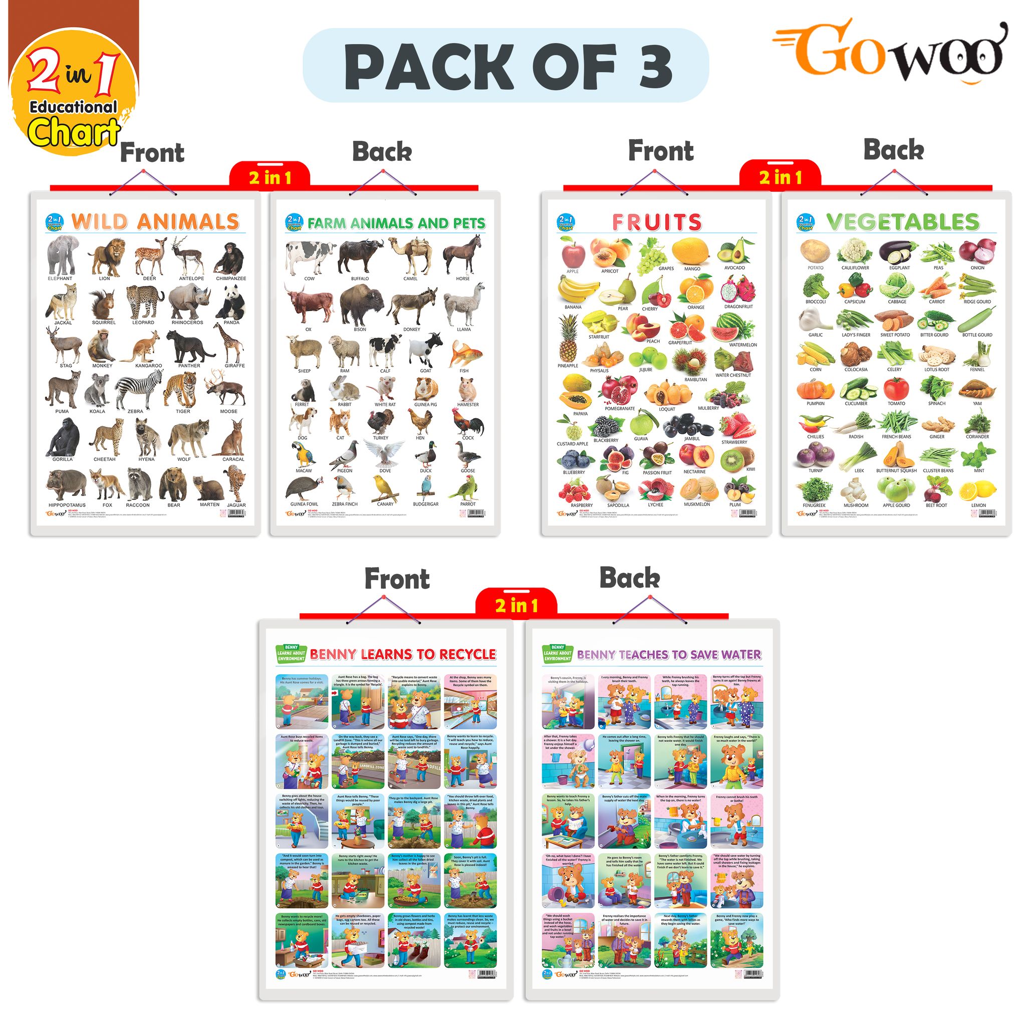 Set of 3 |2 IN 1 FRUITS AND VEGETABLES, 2 IN 1 WILD AND FARM ANIMALS & PETS and 2 IN 1 BENNY LEARNS TO RECYCLE AND BENNY TEACHES TO SAVE WATER Early Learning Educational Charts for Kids