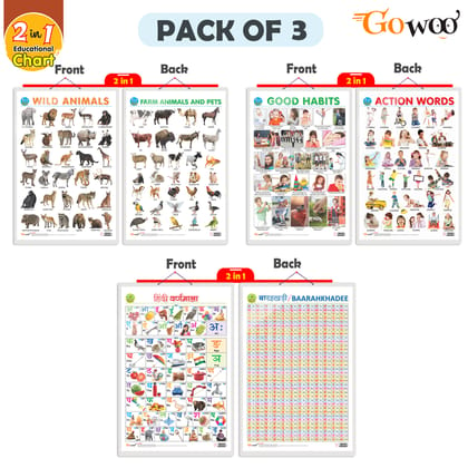 Set of 3 |2 IN 1 WILD AND FARM ANIMALS & PETS, 2 IN 1 GOOD HABITS AND ACTION WORDS and 2 IN 1 HINDI VARNMALA AND BAARAHKHADEE Early Learning Educational Charts for Kids