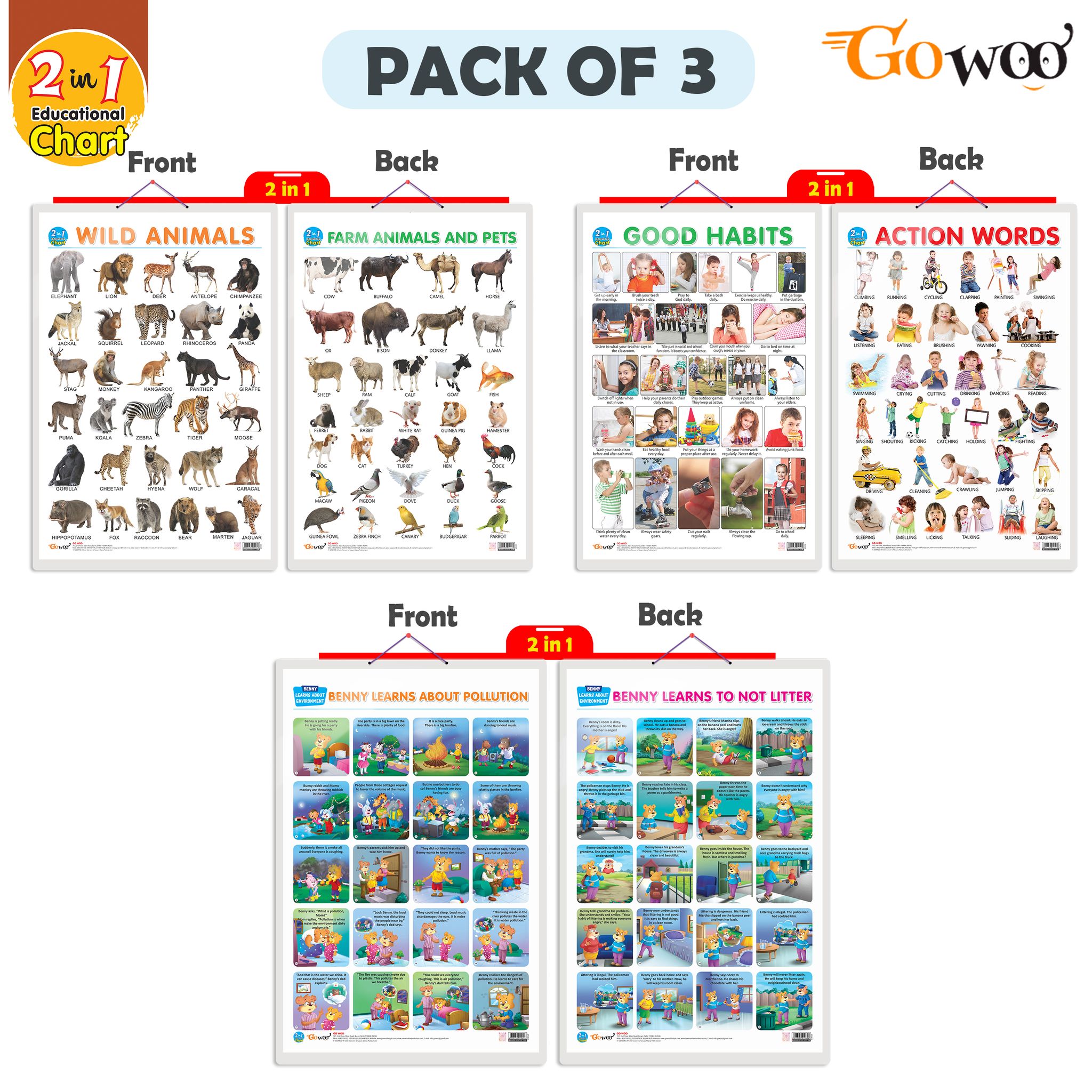 Set of 3 |2 IN 1 WILD AND FARM ANIMALS & PETS, 2 IN 1 GOOD HABITS AND ACTION WORDS and 2 IN 1 BENNY LEARNS ABOUT POLLUTION AND BENNY LEARNS NOT TO LITTER Early Learning Educational Charts for Kids