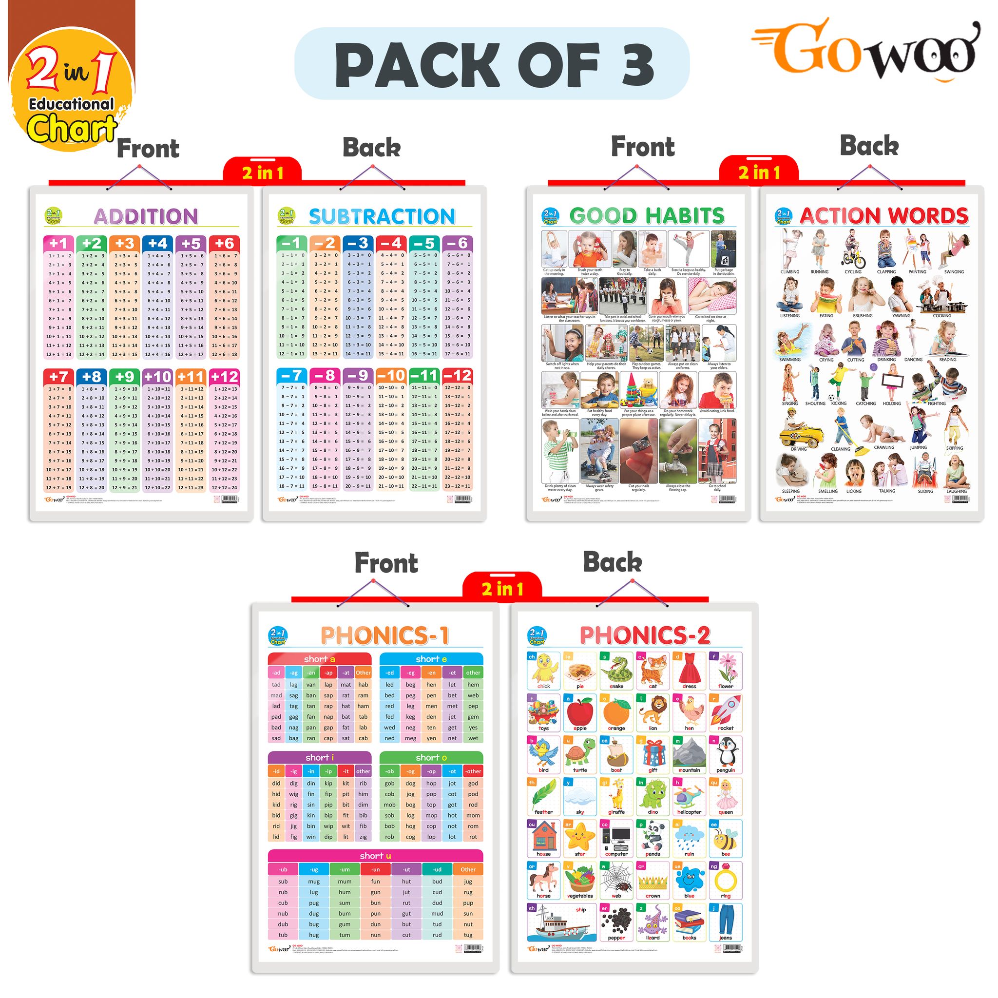 Set of 3 |2 IN 1 GOOD HABITS AND ACTION WORDS, 2 IN 1 ADDITION AND SUBTRACTION and 2 IN 1 PHONICS 1 AND PHONICS 2 Early Learning Educational Charts for Kids