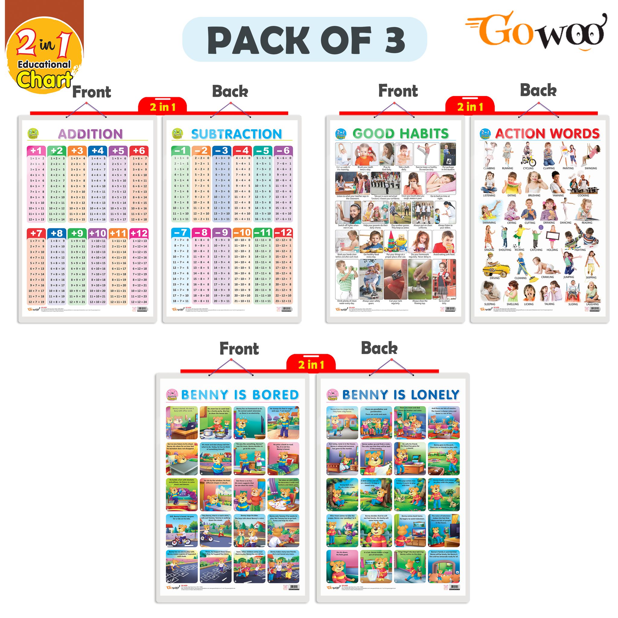 Set of 3 |2 IN 1 GOOD HABITS AND ACTION WORDS, 2 IN 1 ADDITION AND SUBTRACTION and 2 IN 1 BENNY IS BORED AND BENNY IS LONELY Early Learning Educational Charts for Kids