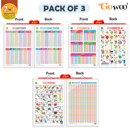 Set of 3 |2 IN 1 ADDITION AND SUBTRACTION, 2 IN 1 PHONICS 1 AND PHONICS 2 and 2 IN 1 HINDI VARNMALA AND BAARAHKHADEE Early Learning Educational Charts for Kids