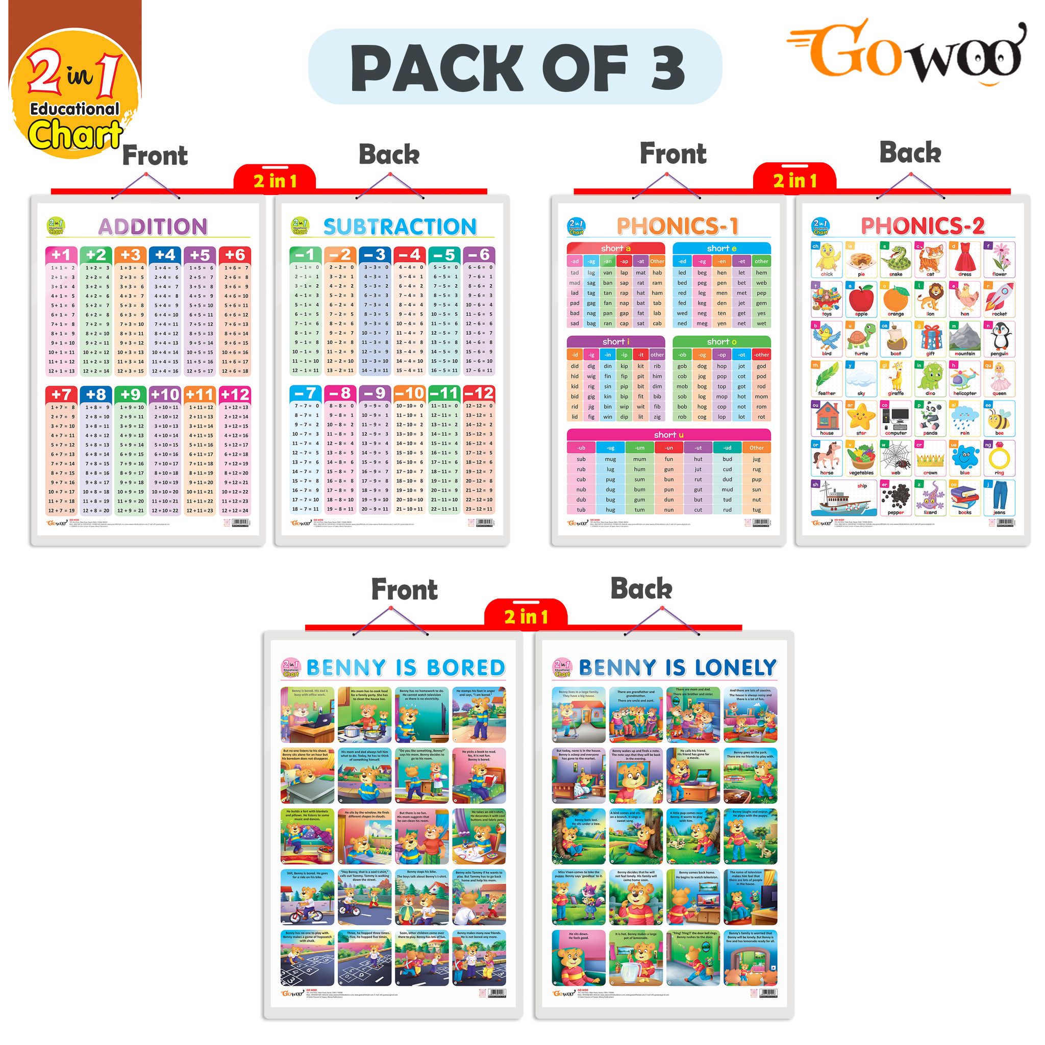 Set of 3 |2 IN 1 ADDITION AND SUBTRACTION, 2 IN 1 PHONICS 1 AND PHONICS 2 and 2 IN 1 BENNY IS BORED AND BENNY IS LONELY Early Learning Educational Charts for Kidss