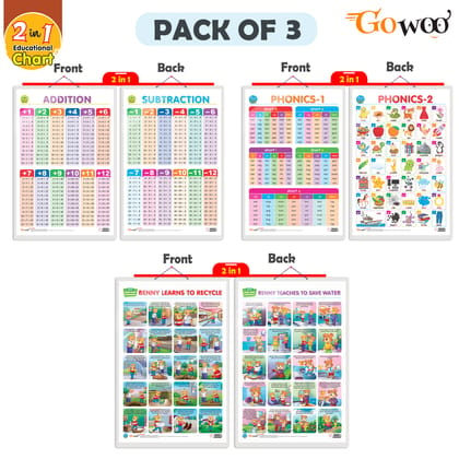 Set of 3 | 2 IN 1 ADDITION AND SUBTRACTION, 2 IN 1 PHONICS 1 AND PHONICS 2 and 2 IN 1 BENNY LEARNS TO RECYCLE AND BENNY TEACHES TO SAVE WATER Early Learning Educational Charts for Kid