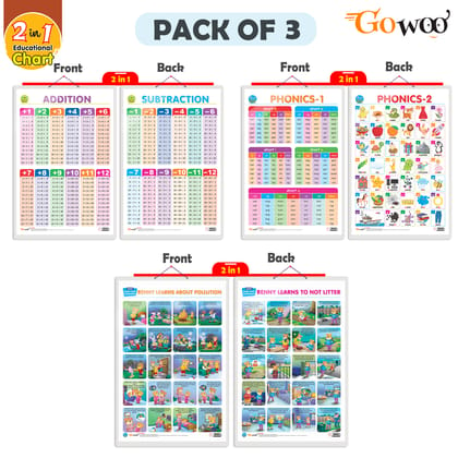 Set of 3 | 2 IN 1 ADDITION AND SUBTRACTION, 2 IN 1 PHONICS 1 AND PHONICS 2 and 2 IN 1 BENNY LEARNS ABOUT POLLUTION AND BENNY LEARNS NOT TO LITTER Early Learning Educational Charts for Kids