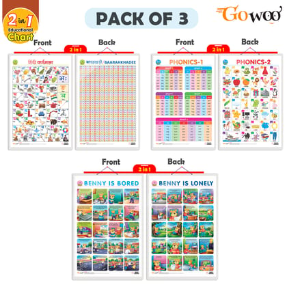 Set of 3 | 2 IN 1 PHONICS 1 AND PHONICS 2, 2 IN 1 HINDI VARNMALA AND BAARAHKHADEE and 2 IN 1 BENNY IS BORED AND BENNY IS LONELY Early Learning Educational Charts for Kids