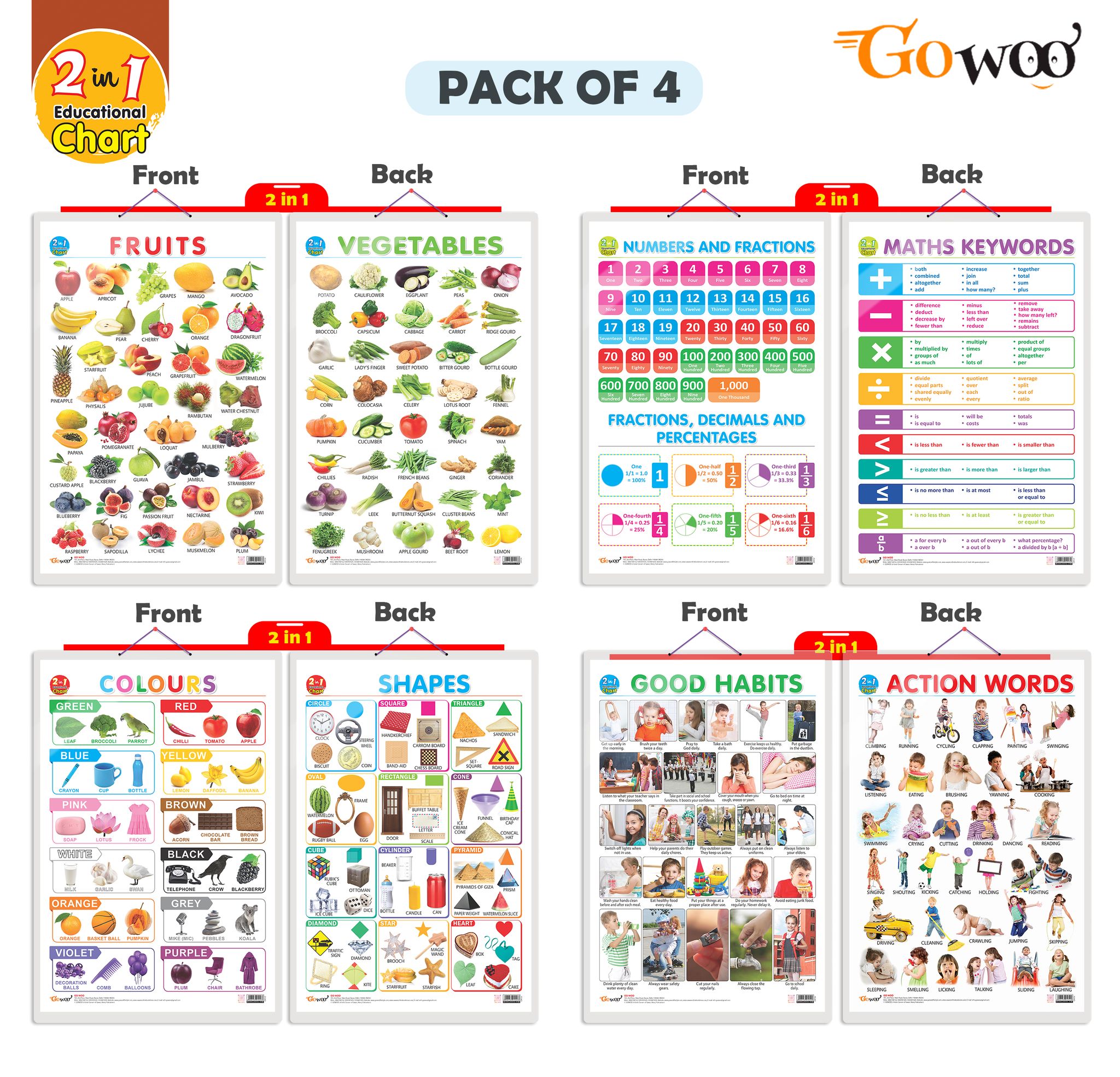 Set of 4 |  2 IN 1 NUMBER & FRACTIONS AND MATHS KEYWORDS, 2 IN 1 COLOURS AND SHAPES, 2 IN 1 FRUITS AND VEGETABLES and 2 IN 1 GOOD HABITS AND ACTION WORDS Early Learning Educational Charts for Kids