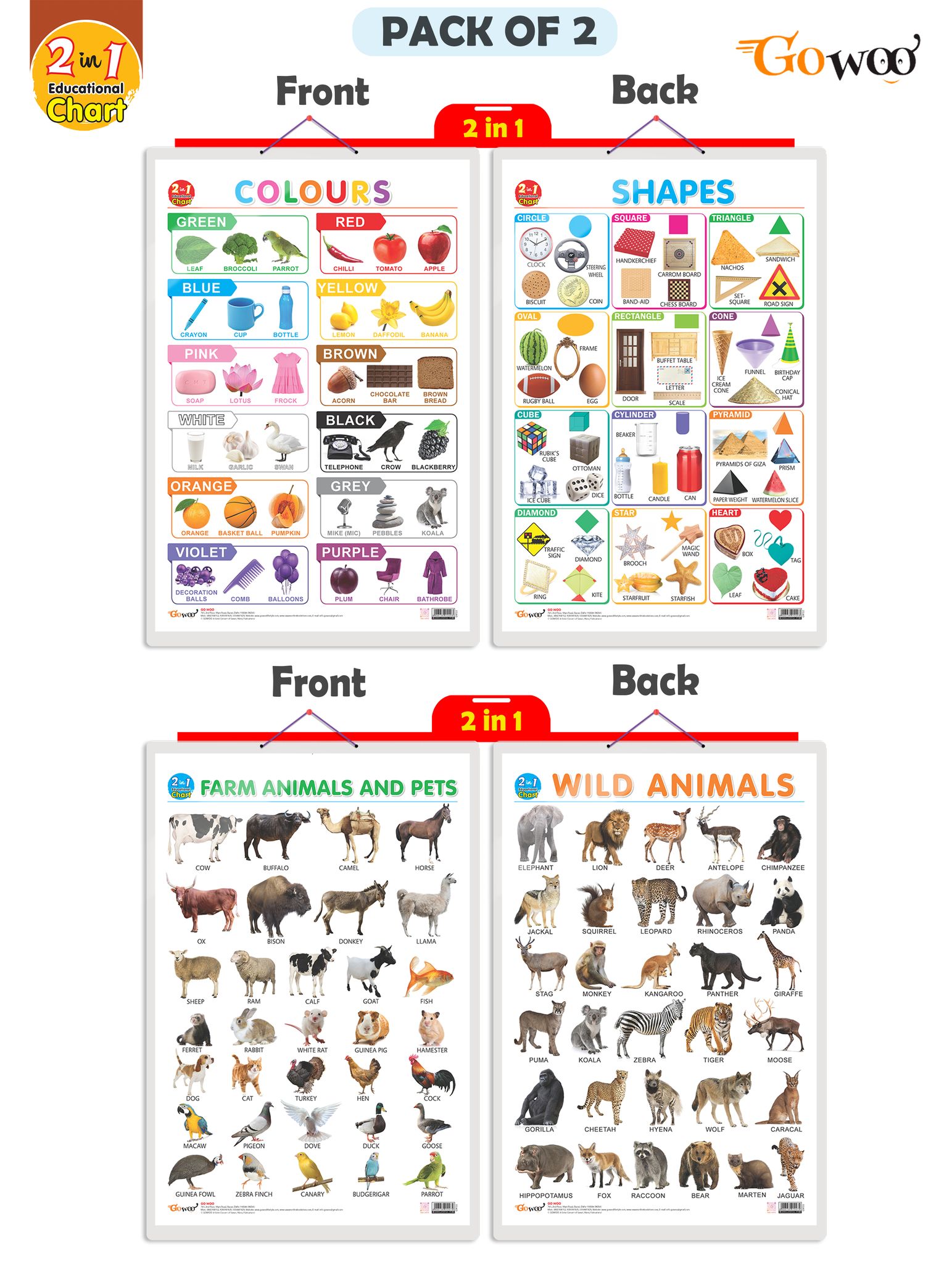 Set of 2 | 2 IN 1 COLOURS AND SHAPES and 2 IN 1 WILD AND FARM ANIMALS & PETS Early Learning Educational Charts for Kids | 20"X30" inch |Non-Tearable and Waterproof | Double Sided Laminated | Perfect for Homeschooling, Kindergarten and Nursery Students