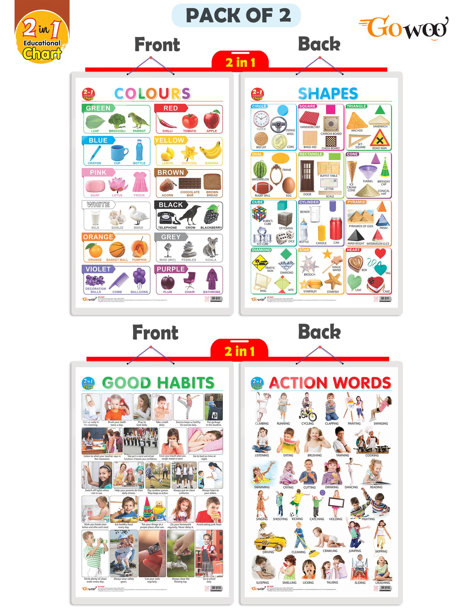 Set of 2 | 2 IN 1 COLOURS AND SHAPES and 2 IN 1 GOOD HABITS AND ACTION WORDS Early Learning Educational Charts for Kids | 20"X30" inch |Non-Tearable and Waterproof | Double Sided Laminated | Perfect for Homeschooling, Kindergarten and Nursery Students