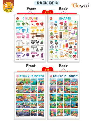 Set of 2 | 2 IN 1 COLOURS AND SHAPES and 2 IN 1 BENNY IS BORED AND BENNY IS LONELY Early Learning Educational Charts for Kids