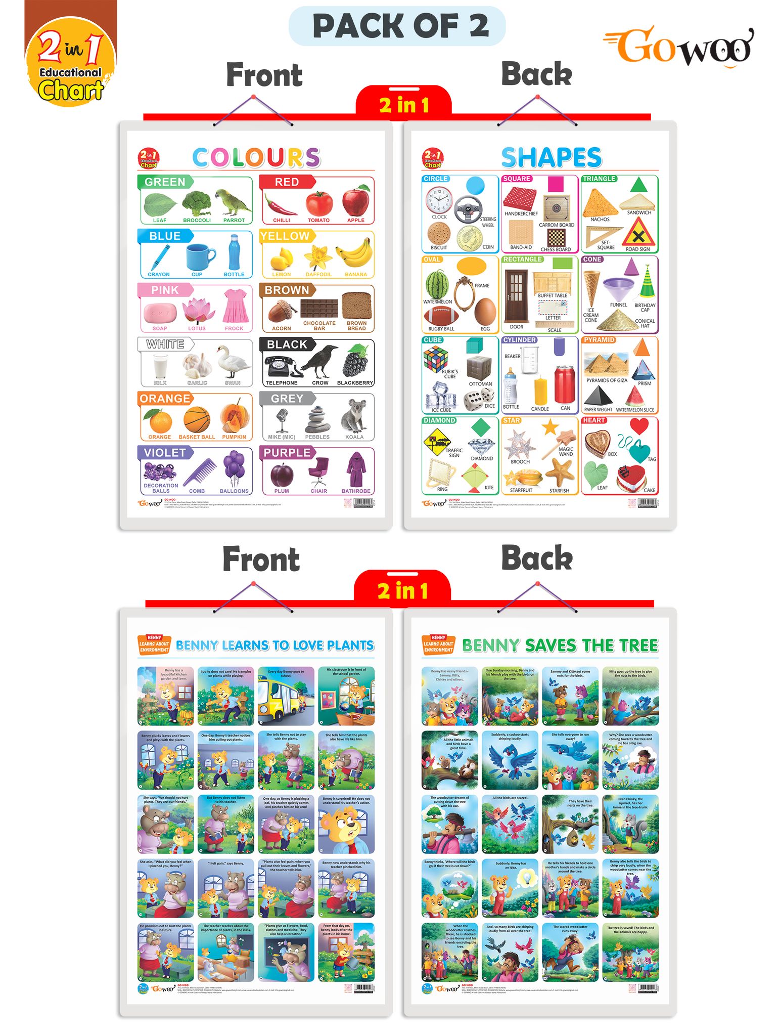 Set of 2 | 2 IN 1 COLOURS AND SHAPES and 2 IN 1 BENNY LEARNS TO LOVE PLANTS AND BENNY SAVES THE TREE Early Learning Educational Charts for Kids