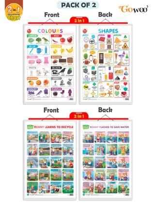 Set of 2 | 2 IN 1 COLOURS AND SHAPES and 2 IN 1 BENNY LEARNS TO RECYCLE AND BENNY TEACHES TO SAVE WATER Early Learning Educational Charts for Kids