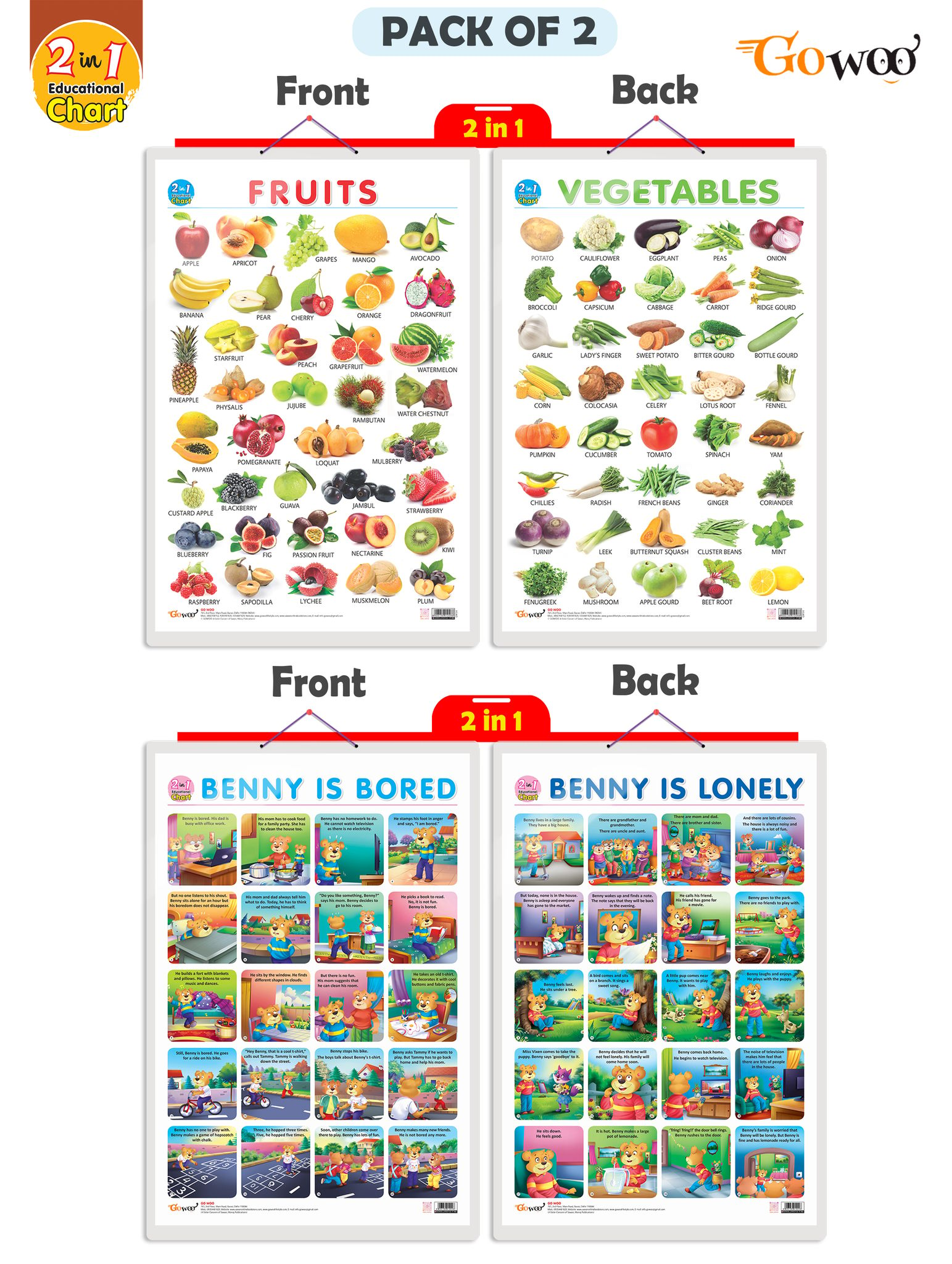 Set of 2 | 2 IN 1 FRUITS AND VEGETABLES and 2 IN 1 BENNY IS BORED AND BENNY IS LONELY Early Learning Educational Charts for Kids