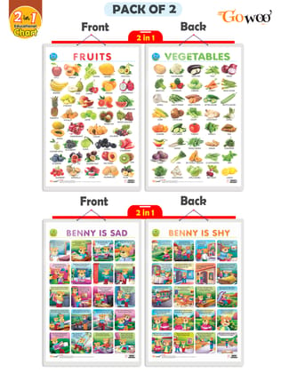 Set of 2 |2 IN 1 FRUITS AND VEGETABLES and 2 IN 1 BENNY IS SAD AND BENNY IS SHY Early Learning Educational Charts for Kids