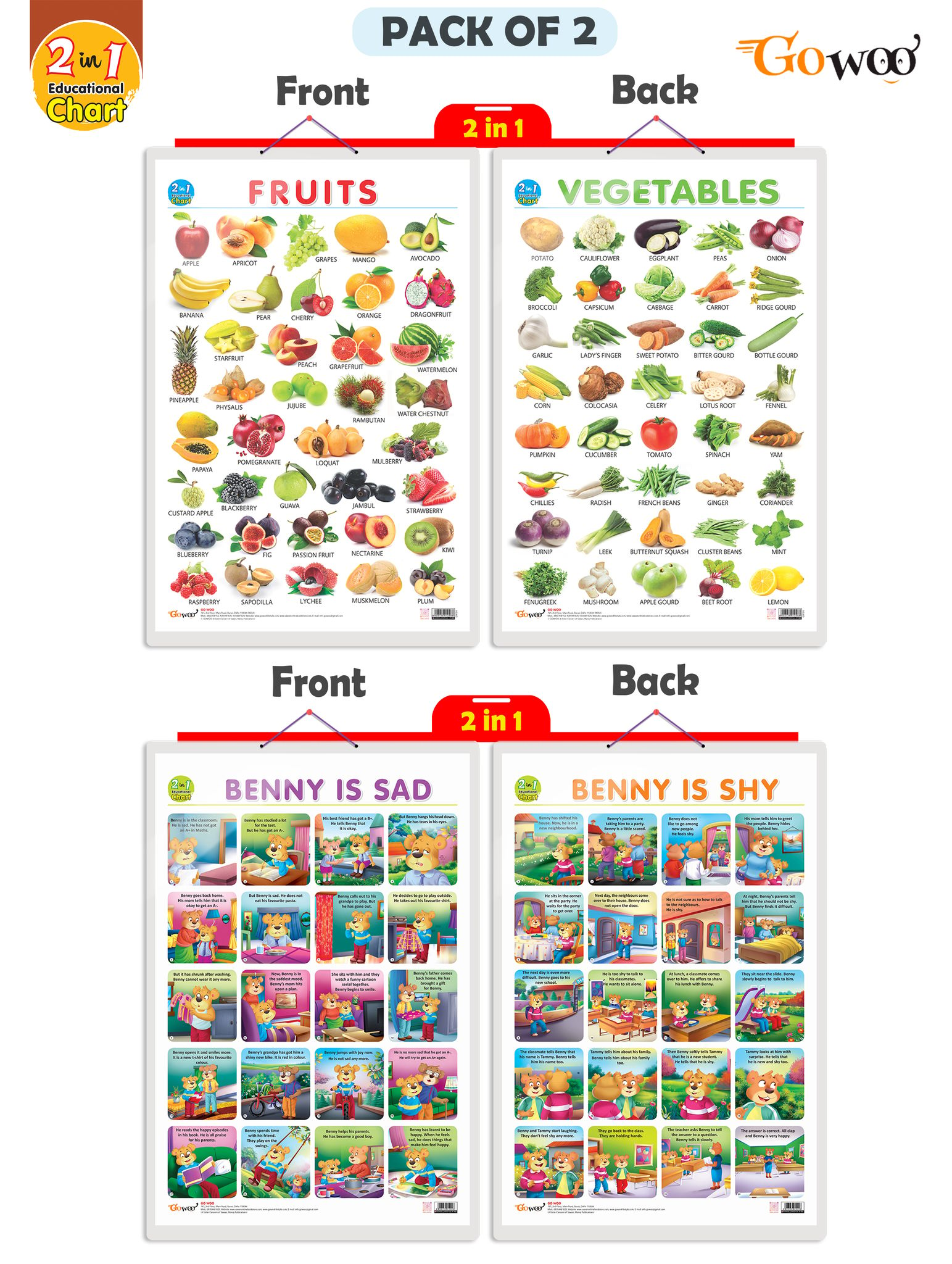 Set of 2 |2 IN 1 FRUITS AND VEGETABLES and 2 IN 1 BENNY IS SAD AND BENNY IS SHY Early Learning Educational Charts for Kids