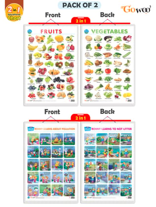 Set of 2 |2 IN 1 FRUITS AND VEGETABLES and 2 IN 1 BENNY LEARNS ABOUT POLLUTION AND BENNY LEARNS NOT TO LITTER Early Learning Educational Charts for Kid