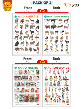 Set of 2 |2 IN 1 WILD AND FARM ANIMALS & PETS and 2 IN 1 GOOD HABITS AND ACTION WORDS Early Learning Educational Charts for Kids