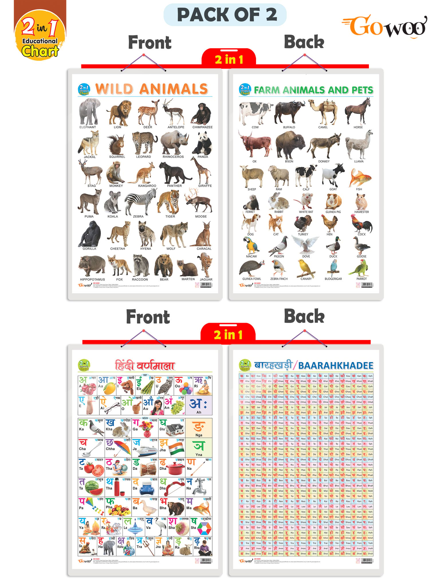 Set of 2 |2 IN 1 WILD AND FARM ANIMALS & PETS and 2 IN 1 HINDI VARNMALA AND BAARAHKHADEE Early Learning Educational Charts for Kids