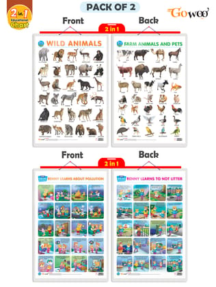 Set of 2 |2 IN 1 WILD AND FARM ANIMALS & PETS and 2 IN 1 BENNY LEARNS ABOUT POLLUTION AND BENNY LEARNS NOT TO LITTER Early Learning Educational Charts for Kids