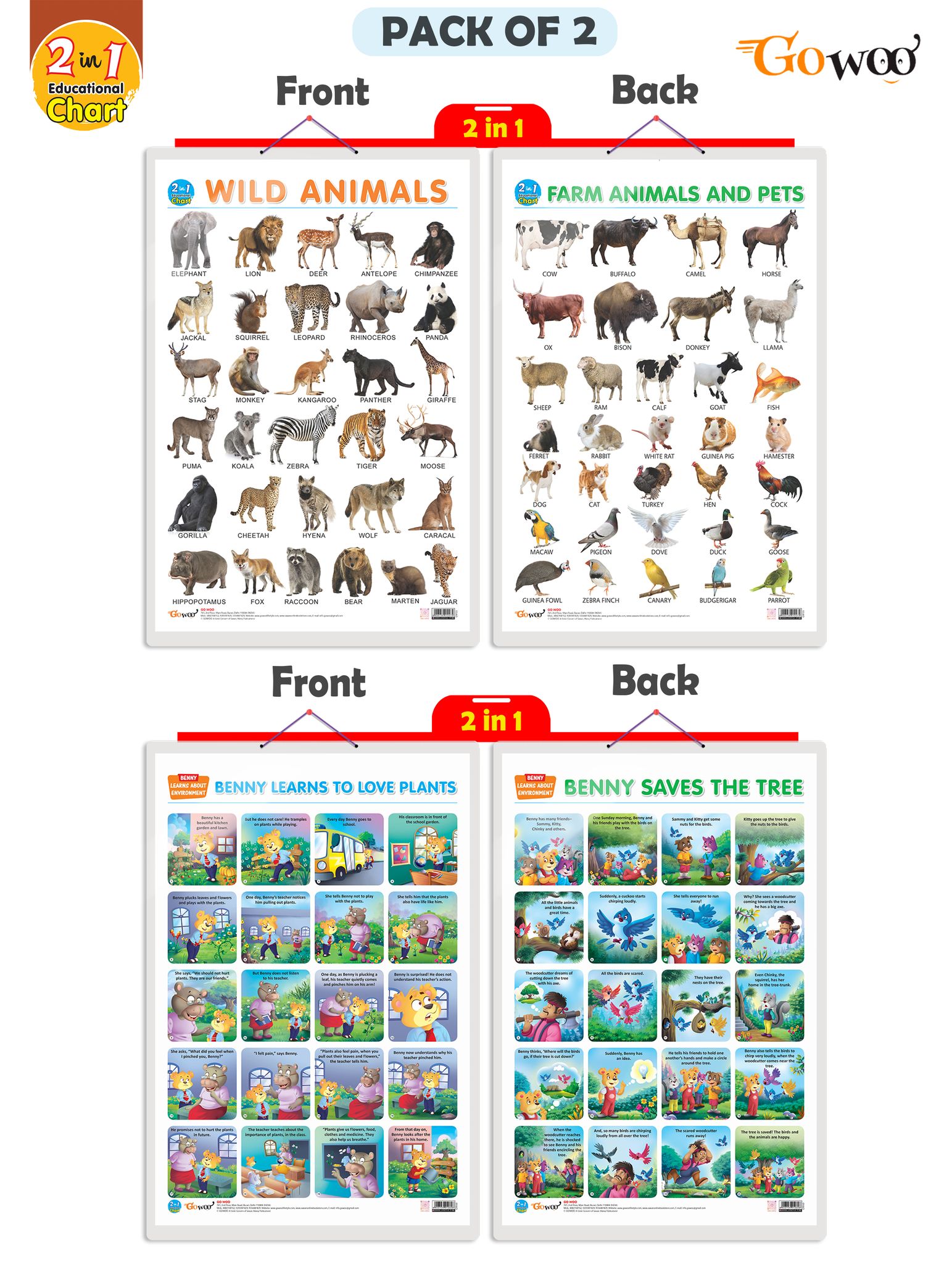 Set of 2 |2 IN 1 WILD AND FARM ANIMALS & PETS and 2 IN 1 BENNY LEARNS TO LOVE PLANTS AND BENNY SAVES THE TREE Early Learning Educational Charts for Kids|