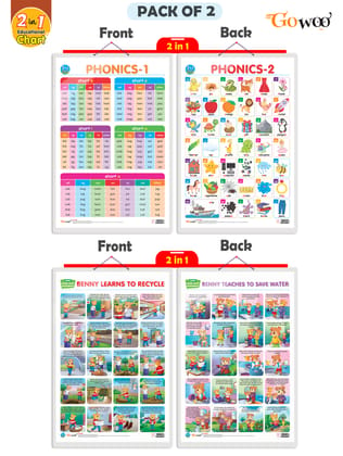 Set of 2 |2 IN 1 PHONICS 1 AND PHONICS 2 and 2 IN 1 BENNY LEARNS TO RECYCLE AND BENNY TEACHES TO SAVE WATER  Early Learning Educational Charts for Kids |