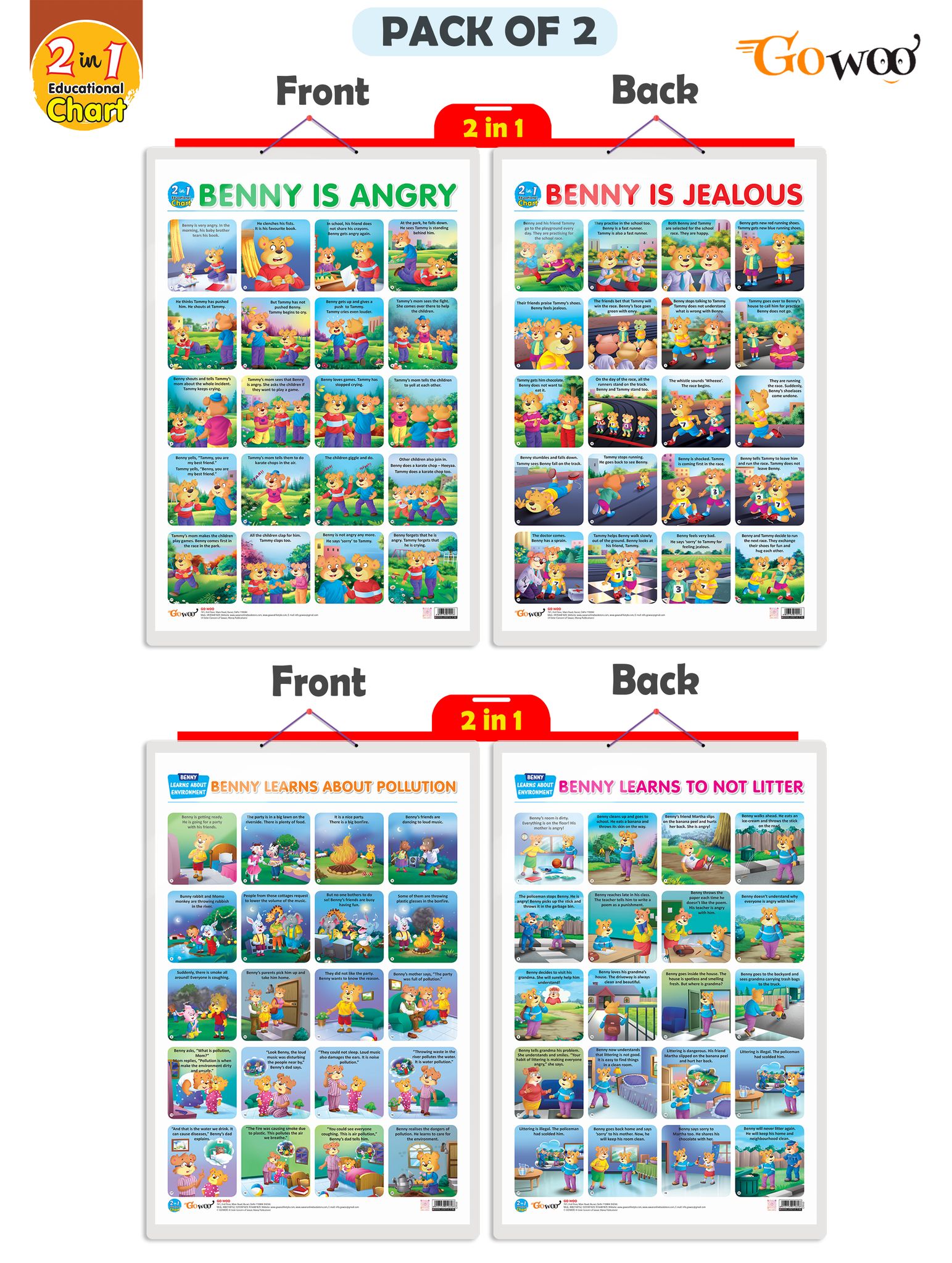 Set of 2 |2 IN 1 BENNY IS ANGRY AND BENNY IS JEALOUS and 2 IN 1 BENNY LEARNS ABOUT POLLUTION AND BENNY LEARNS NOT TO LITTER Early Learning Educational Charts for Kids |