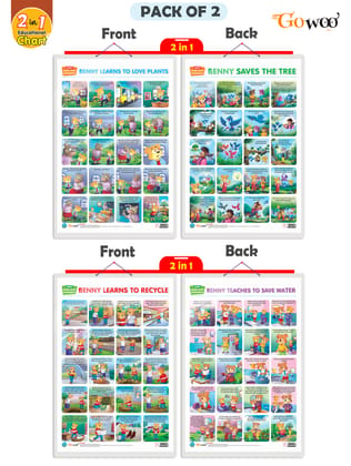 Set of 2 | 2 IN 1 BENNY LEARNS TO LOVE PLANTS AND BENNY SAVES THE TREE and 2 IN 1 BENNY LEARNS TO RECYCLE AND BENNY TEACHES TO SAVE WATER Early Learning Educational Charts for Kids