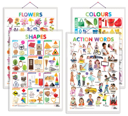 Set of 4 Flowers, Colours, Shapes and Action Words Early Learning Educational Charts for Kids | 20"X30" inch |Non-Tearable and Waterproof | Double Sided Laminated | Perfect for Homeschooling, Kindergarten and Nursery Students