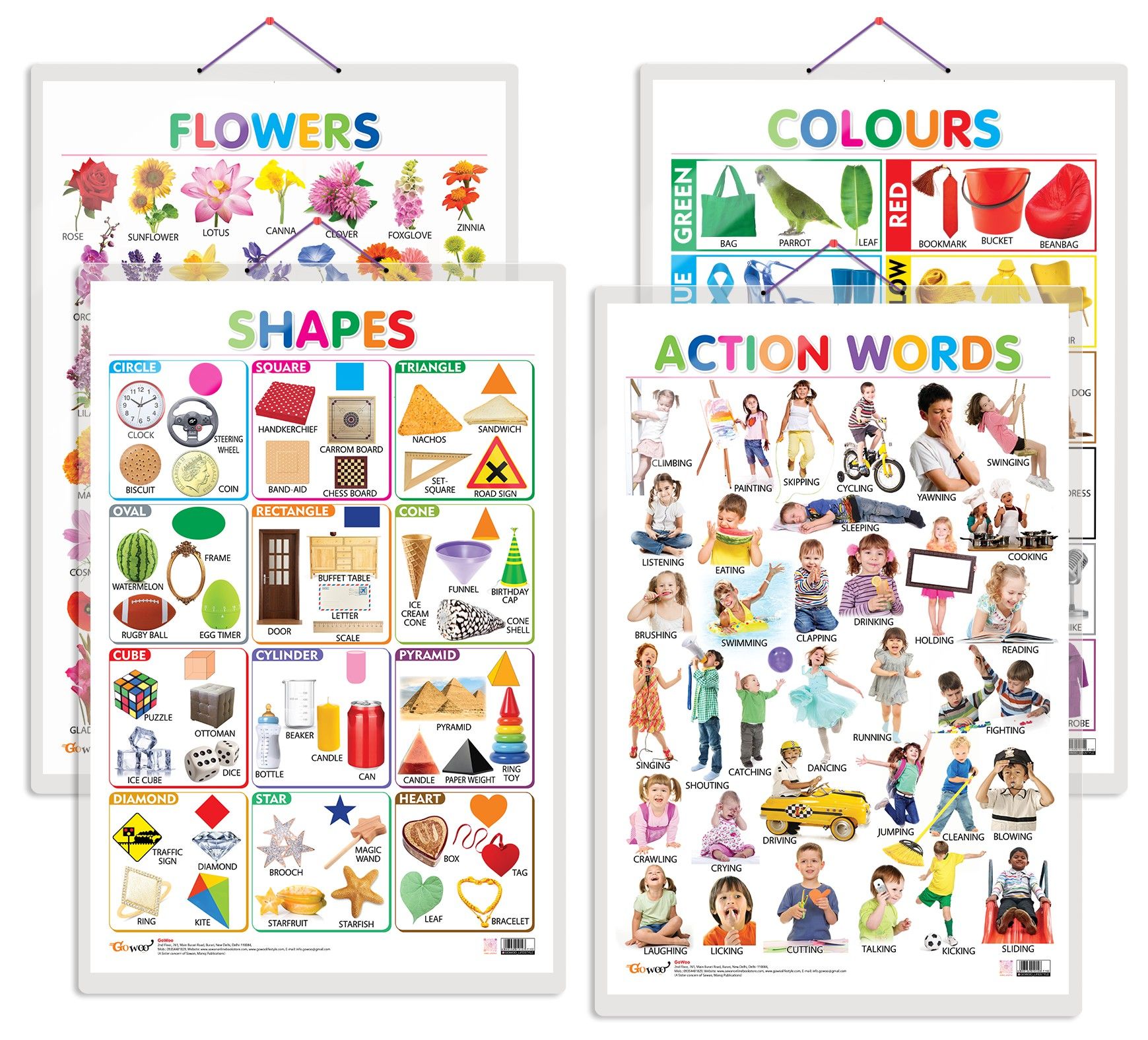 Set of 4 Flowers, Colours, Shapes and Action Words Early Learning Educational Charts for Kids | 20"X30" inch |Non-Tearable and Waterproof | Double Sided Laminated | Perfect for Homeschooling, Kindergarten and Nursery Students