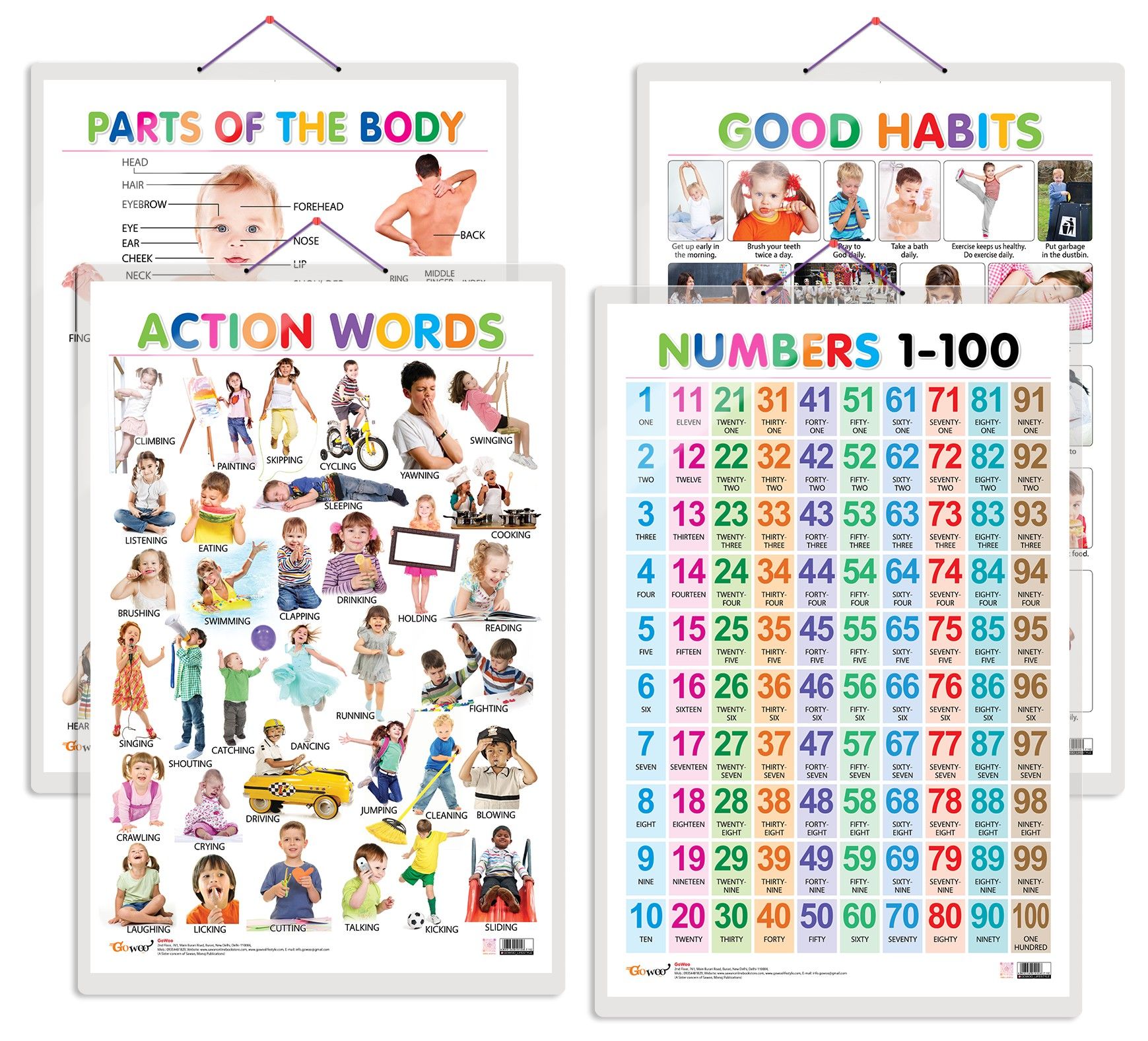 Set of 4 Parts of the Body, Good Habits, Action Words and Numbers 1-100 Early Learning Educational Charts for Kids | 20"X30" inch |Non-Tearable and Waterproof | Double Sided Laminated | Perfect for Homeschooling, Kindergarten and Nursery Students