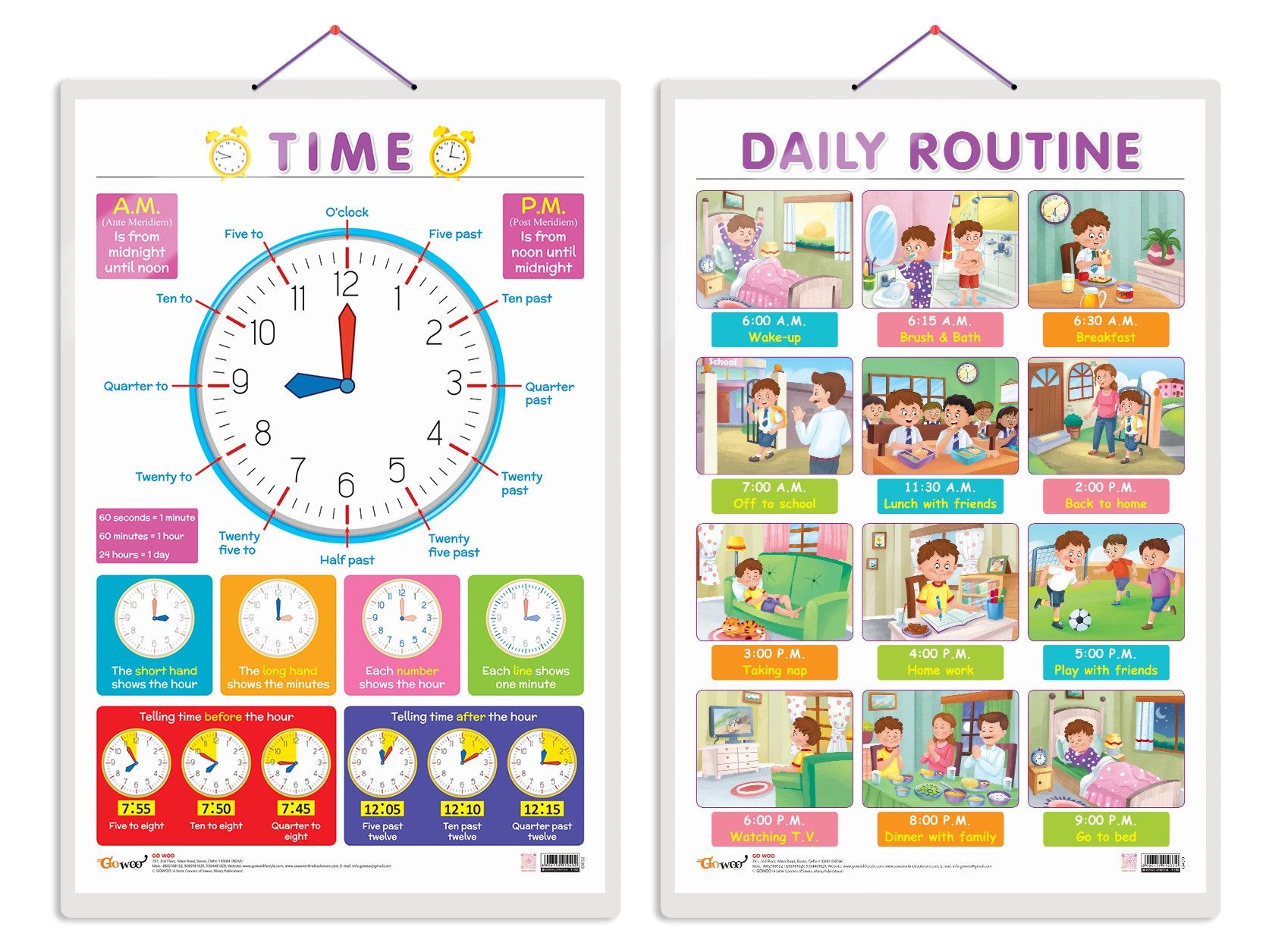 Set of 2 TIME and DAILY ROUTINE Early Learning Educational Charts for Kids | 20"X30" inch |Non-Tearable and Waterproof | Double Sided Laminated | Perfect for Homeschooling, Kindergarten and Nursery Students