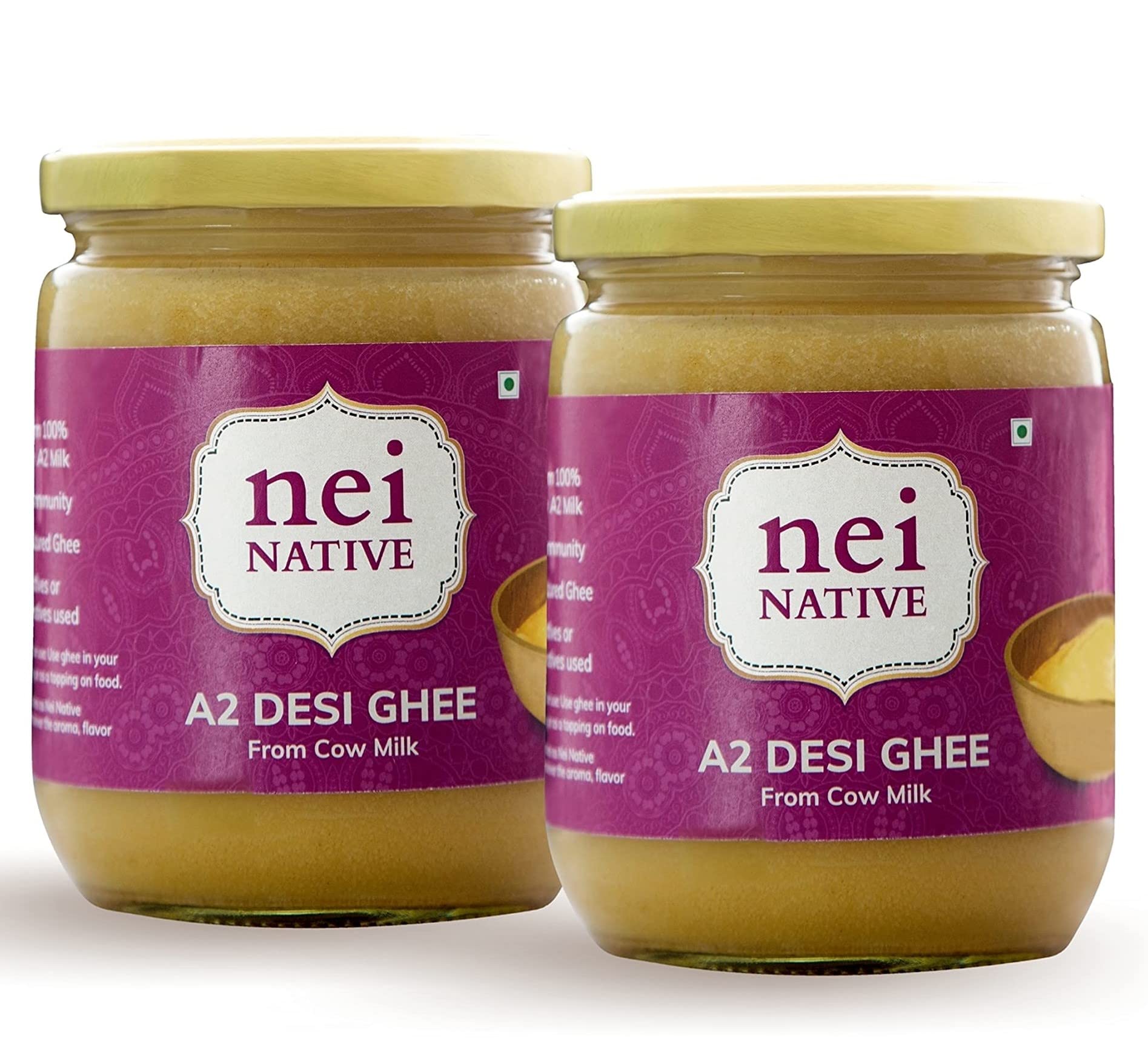 NeiNative A2 Desi Ghee 1kg - A2 Desi Cow Ghee 1 Litre - Bilona Ghee - (500ml x 2 Packs) Artisanal & Home Made Desi Cultured Ghee - A2 Milk Bilona Method