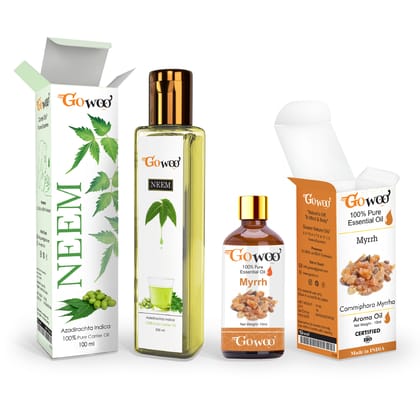 Pack of 2 Myrrh Essential Oil and Neem Carrier Oil - 100% Pure & Natural Oil For Skin Care, Hair Care & Massage Oil